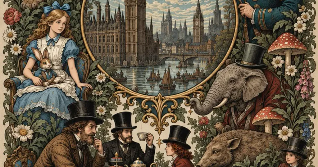 Doublets illustration in a Victorian style, with Alice, the Mad Hatter and London