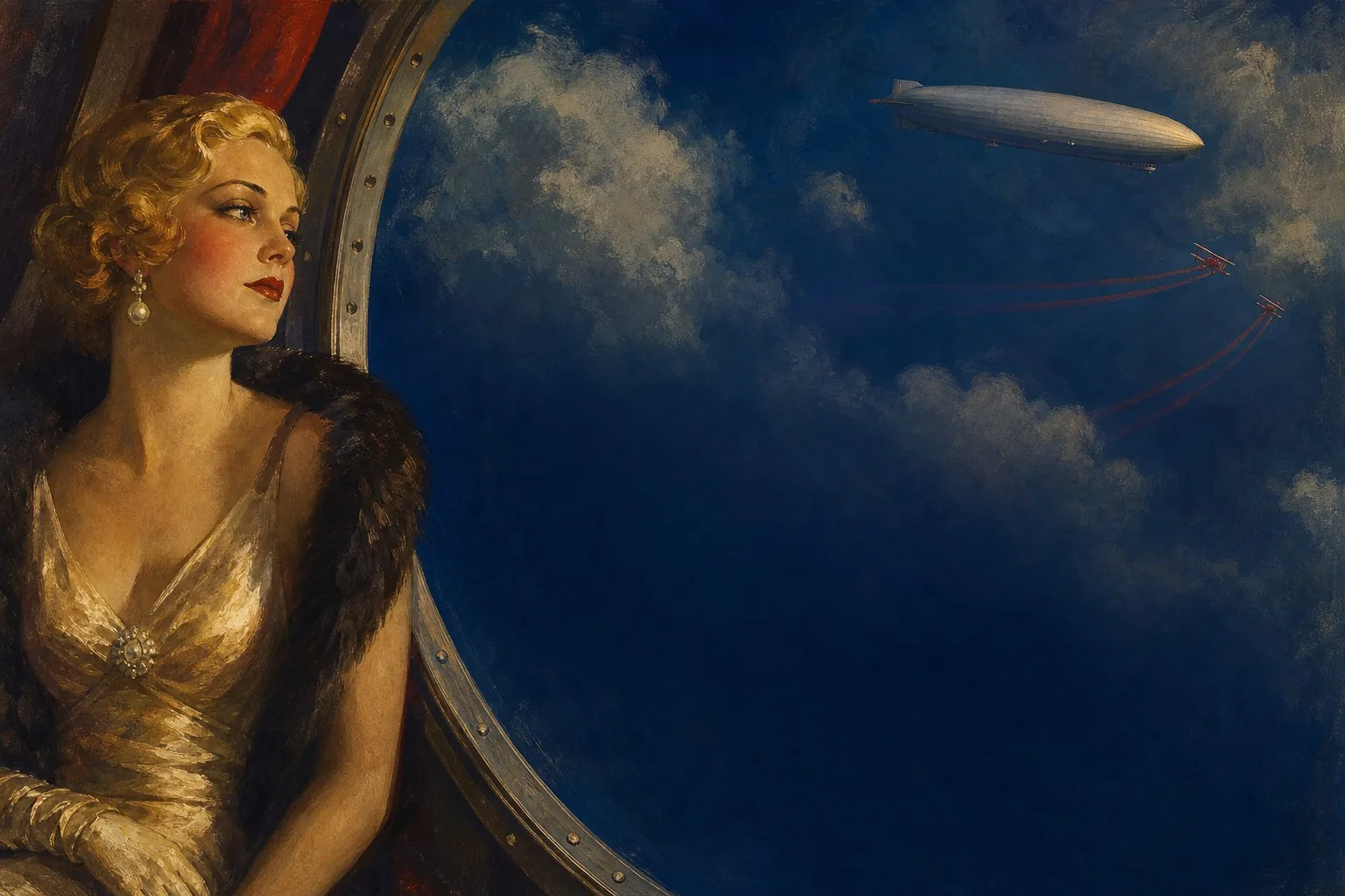 A woman in a gold evening gown and fur stole looks out of an airship porthole at a silver zeppelin and two biplanes in a deep blue sky